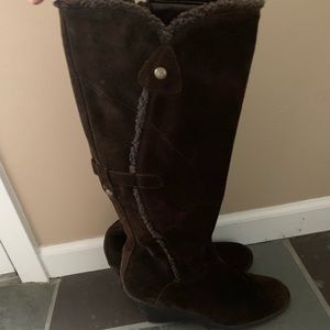 A.N.A. Brown Suede Shearling Trim Wedge Boots